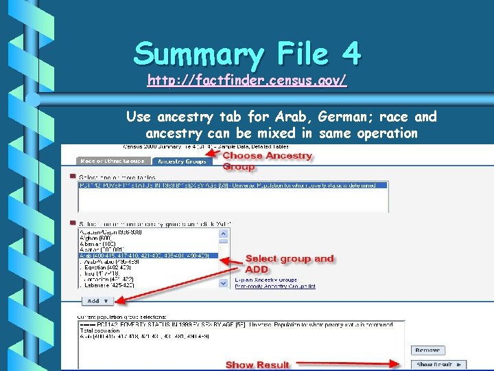 Summary File 4 http: //factfinder. census. gov/ Use ancestry tab for Arab, German; race