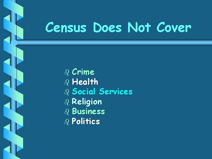 Census Does Not Cover b Crime b Health b Social Services b Religion b