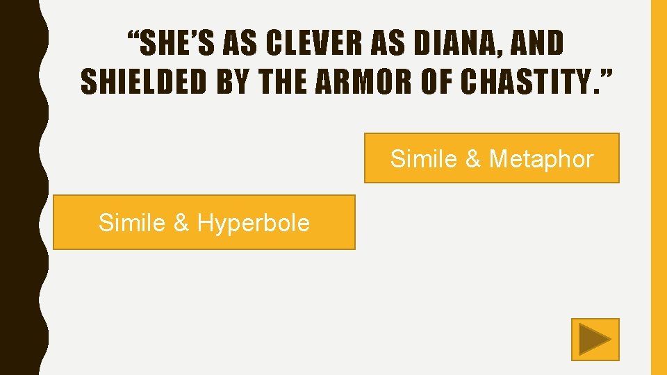 “SHE’S AS CLEVER AS DIANA, AND SHIELDED BY THE ARMOR OF CHASTITY. ” Simile