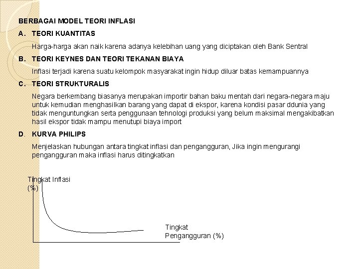 BERBAGAI MODEL TEORI INFLASI A. TEORI KUANTITAS Harga-harga akan naik karena adanya kelebihan uang BERBAGAI MODEL TEORI INFLASI A. TEORI KUANTITAS Harga-harga akan naik karena adanya kelebihan uang