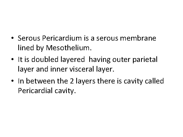  • Serous Pericardium is a serous membrane lined by Mesothelium. • It is