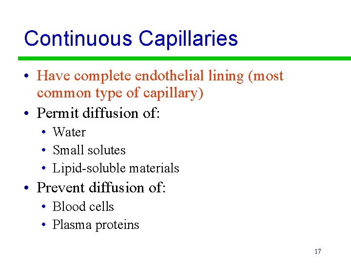 Continuous Capillaries • Have complete endothelial lining (most common type of capillary) • Permit
