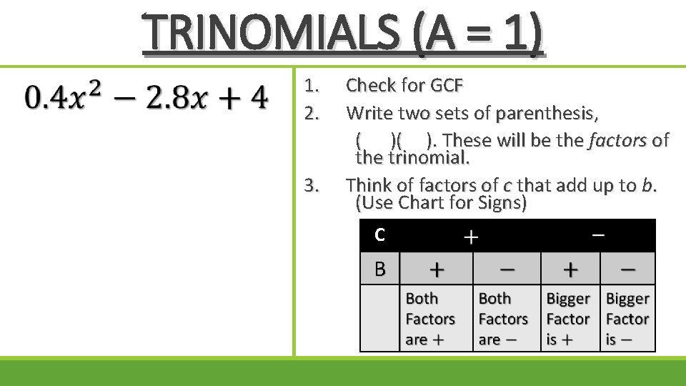 TRINOMIALS (A = 1) 1. 2. 3. Check for GCF Write two sets of