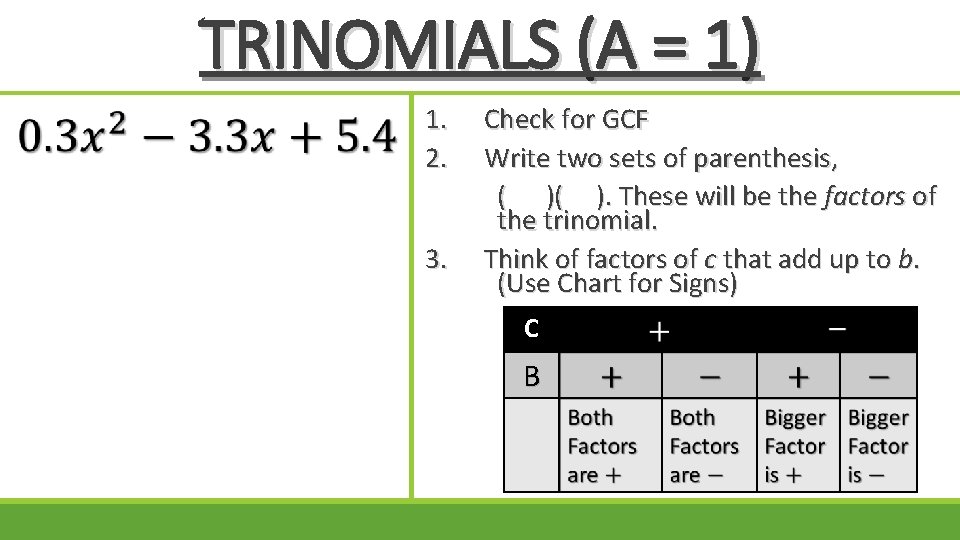 TRINOMIALS (A = 1) 1. 2. 3. Check for GCF Write two sets of