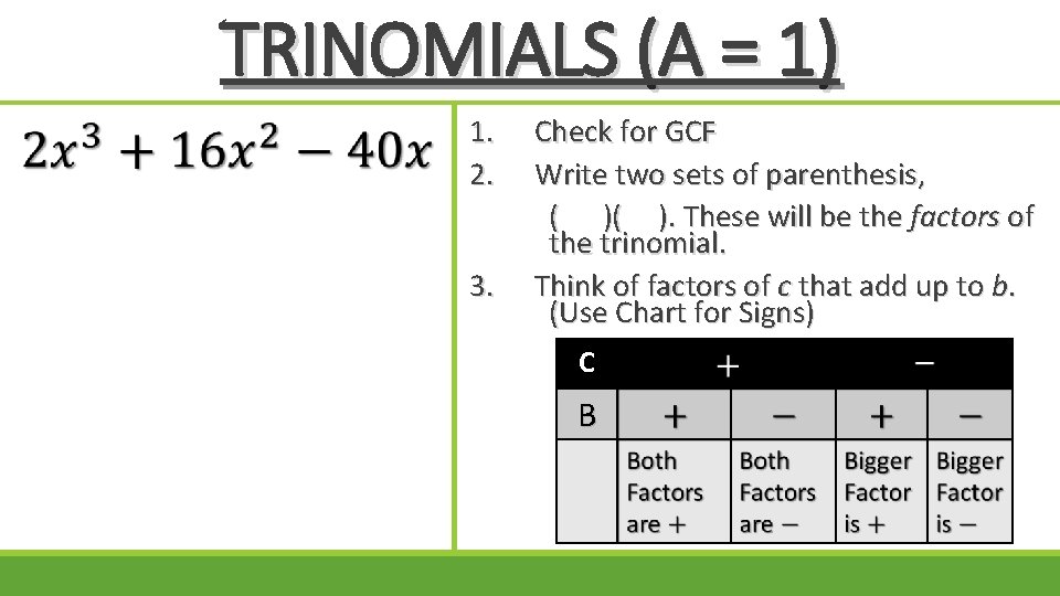 TRINOMIALS (A = 1) 1. 2. 3. Check for GCF Write two sets of