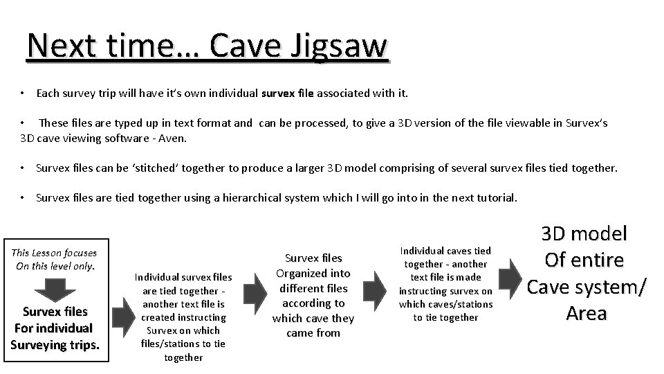 Next time… Cave Jigsaw • Each survey trip will have it’s own individual survex Next time… Cave Jigsaw • Each survey trip will have it’s own individual survex