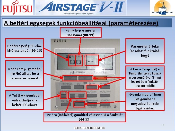 A beltéri egységek funkcióbeállításai (paraméterezése) Funkció-paraméter sorszáma (00 -99) Beltéri egység RC cím. kiválasztandó: