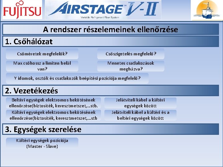 A rendszer részelemeinek ellenőrzése 1. Csőhálózat Csőméretek megfelelők? Csőszigetelés megfelelő? Max csőhossz a limiten