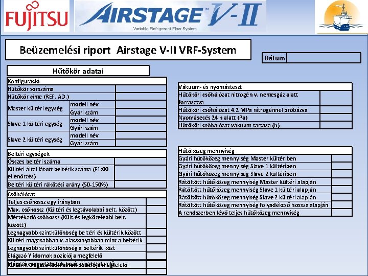 Beüzemelési riport Airstage V-II VRF-System Dátum Hűtőkör adatai Konfiguráció Hűtőkör sorszáma Hűtőkör címe (REF.
