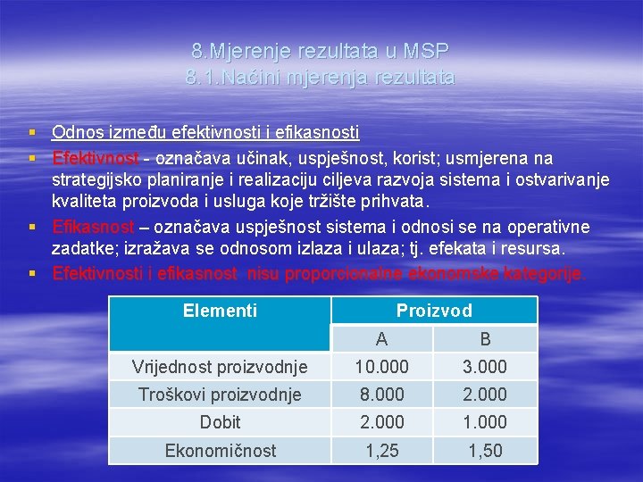 8. Mjerenje rezultata u MSP 8. 1. Načini mjerenja rezultata § Odnos između efektivnosti