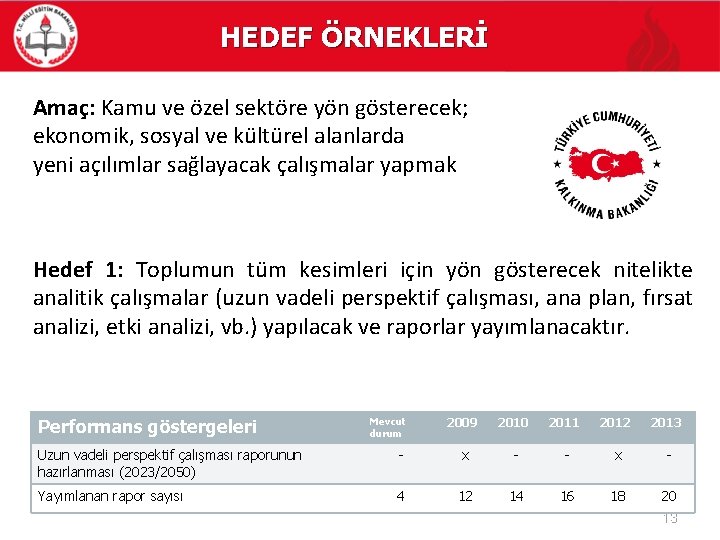 HEDEF ÖRNEKLERİ Amaç: Kamu ve özel sektöre yön gösterecek; ekonomik, sosyal ve kültürel alanlarda