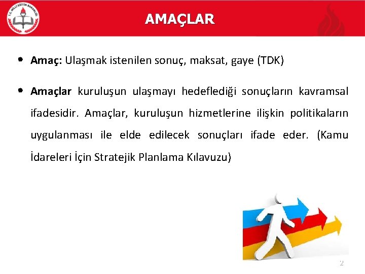 AMAÇLAR • Amaç: Ulaşmak istenilen sonuç, maksat, gaye (TDK) • Amaçlar kuruluşun ulaşmayı hedeflediği