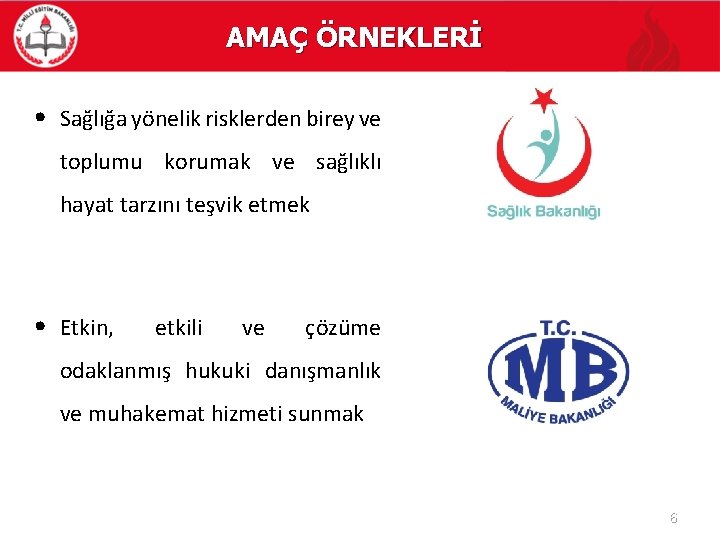 AMAÇ ÖRNEKLERİ • Sağlığa yönelik risklerden birey ve toplumu korumak ve sağlıklı hayat tarzını