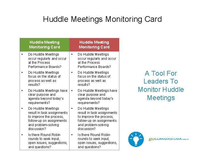 Huddle Meetings Monitoring Card Huddle Meeting Monitoring Card • Do Huddle Meetings occur regularly