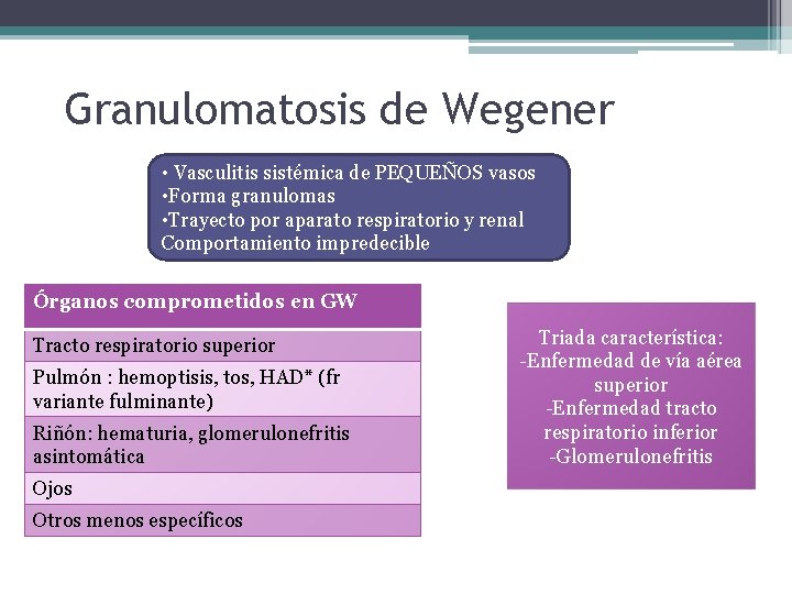 Granulomatosis de Wegener • Vasculitis sistémica de PEQUEÑOS vasos • Forma granulomas • Trayecto
