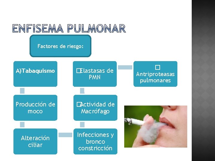 Factores de riesgo: A)Tabaquismo �Elastasas de PMN Producción de moco �Actividad de Macrófago Alteración