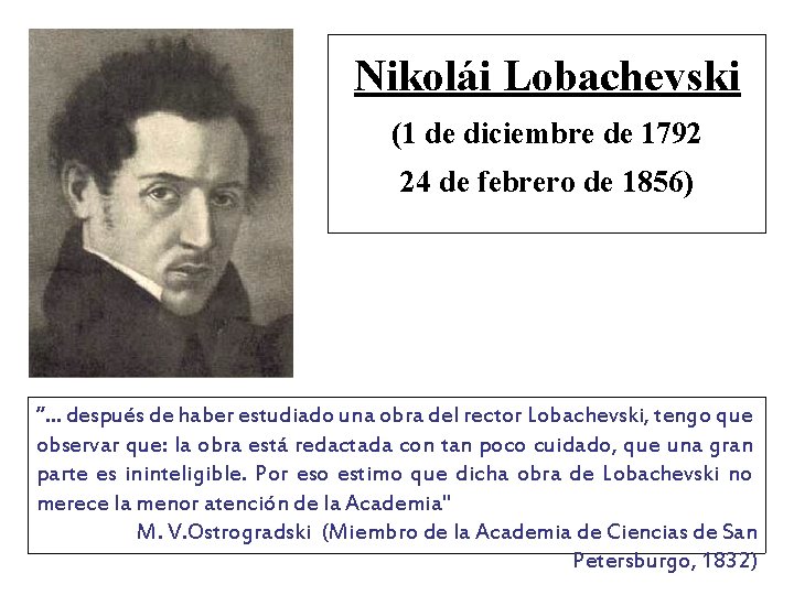 Nikolái Lobachevski (1 de diciembre de 1792 24 de febrero de 1856) ”. .