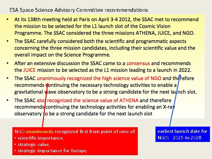 ESA Space Science Advisory Committee recommendations NGO unanimously recognized first from point of view