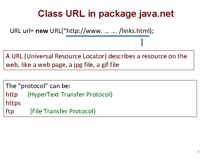 Class URL in package java. net URL url= new URL(“http: //www. … …. /links.