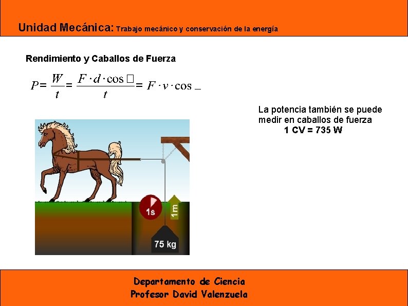 Unidad Mecánica: Trabajo mecánico y conservación de la energía Rendimiento y Caballos de Fuerza Unidad Mecánica: Trabajo mecánico y conservación de la energía Rendimiento y Caballos de Fuerza