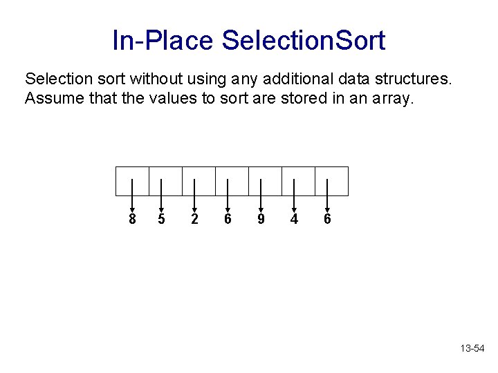 In-Place Selection. Sort Selection sort without using any additional data structures. Assume that the