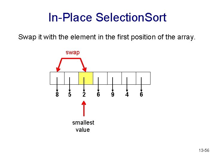 In-Place Selection. Sort Swap it with the element in the first position of the
