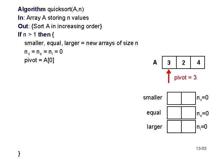 Algorithm quicksort(A, n) In: Array A storing n values Out: {Sort A in increasing