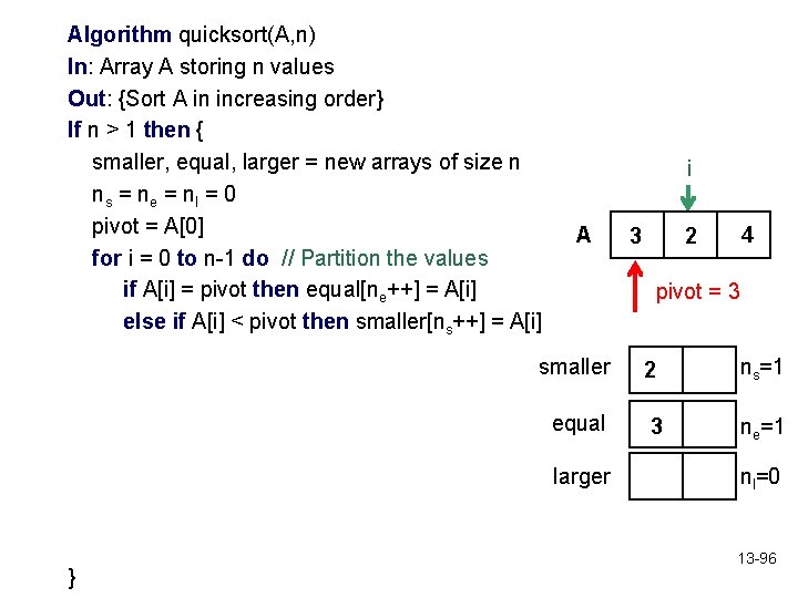 Algorithm quicksort(A, n) In: Array A storing n values Out: {Sort A in increasing