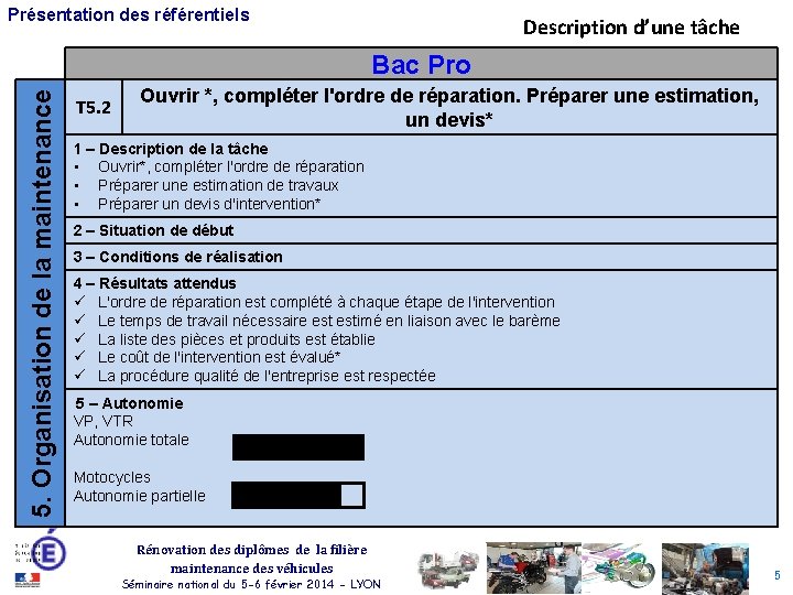 Présentation des référentiels Description d’une tâche 5. Organisation de la maintenance Bac Pro T