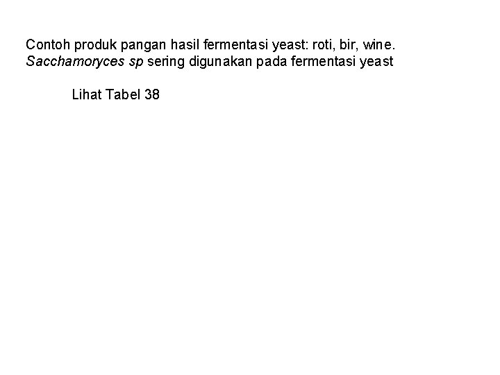 Contoh produk pangan hasil fermentasi yeast: roti, bir, wine. Sacchamoryces sp sering digunakan pada