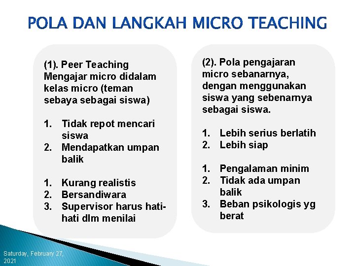 (1). Peer Teaching Mengajar micro didalam kelas micro (teman sebaya sebagai siswa) (2). Pola