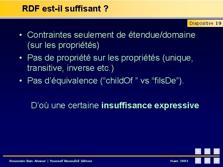 RDF est-il suffisant ? Diapositive 19 • Contraintes seulement de étendue/domaine (sur les propriétés)