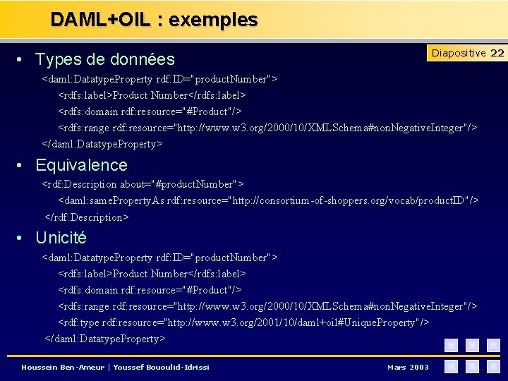 DAML+OIL : exemples Diapositive 22 • Types de données <daml: Datatype. Property rdf: ID="product.