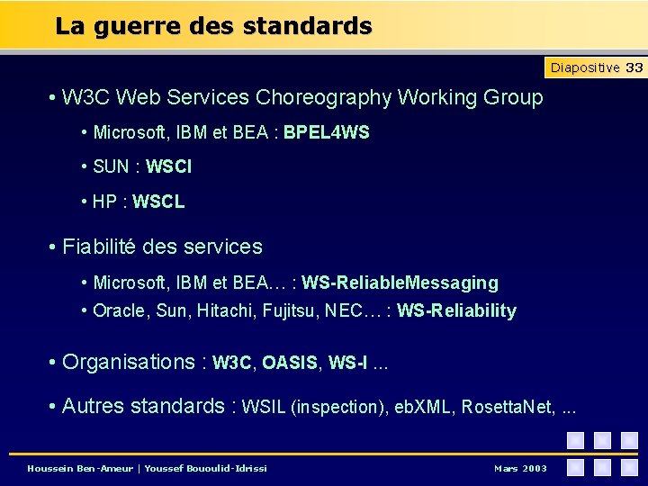 La guerre des standards Diapositive 33 • W 3 C Web Services Choreography Working