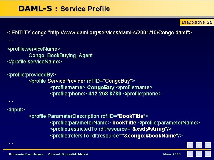 DAML-S : Service Profile Diapositive 36 <!ENTITY congo "http: //www. daml. org/services/daml-s/2001/10/Congo. daml"> .