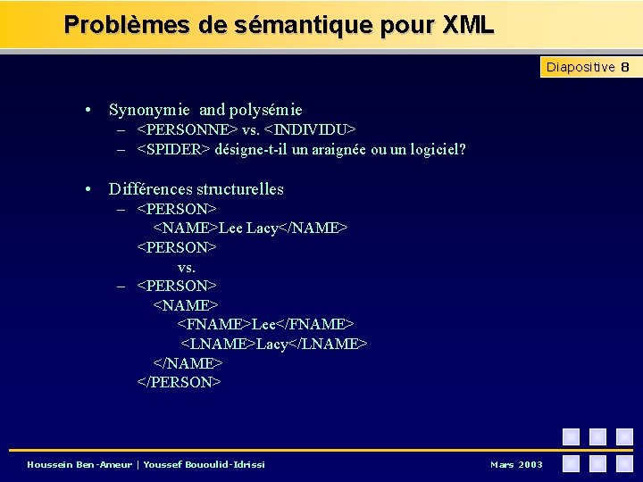 Problèmes de sémantique pour XML Diapositive 8 • Synonymie and polysémie – <PERSONNE> vs.