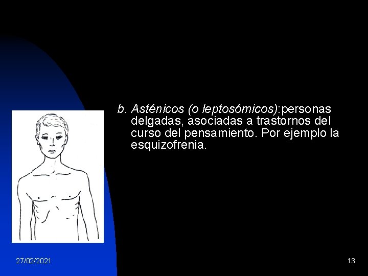 b. Asténicos (o leptosómicos): personas delgadas, asociadas a trastornos del curso del pensamiento. Por