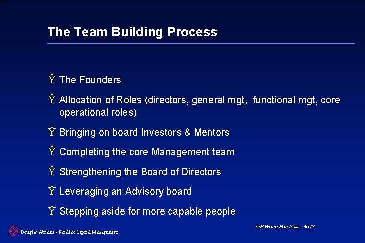 6 XXXX The Team Building Process Ÿ The Founders Ÿ Allocation of Roles (directors,