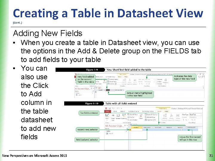 XP Creating a Table in Datasheet View (Cont. ) Adding New Fields • When XP Creating a Table in Datasheet View (Cont. ) Adding New Fields • When