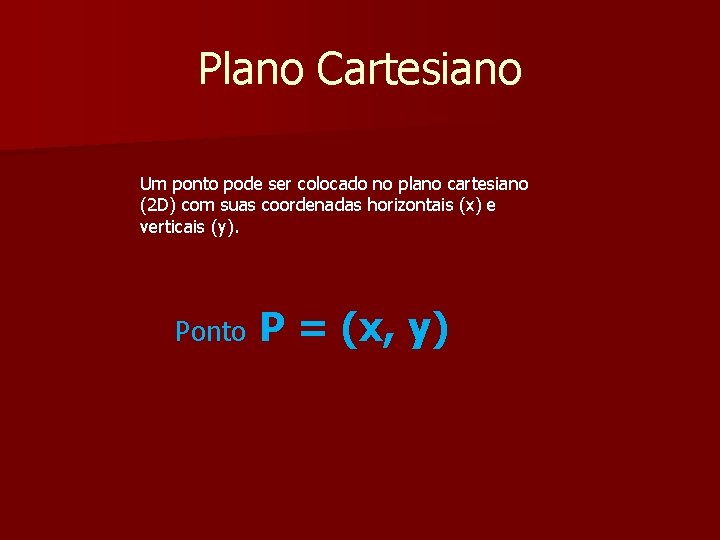Plano Cartesiano Um ponto pode ser colocado no plano cartesiano (2 D) com suas