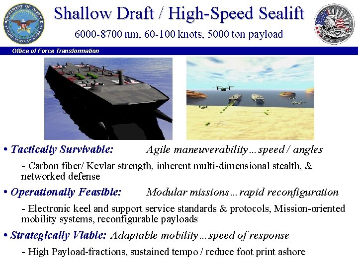 Shallow Draft / High-Speed Sealift 6000 -8700 nm, 60 -100 knots, 5000 ton payload