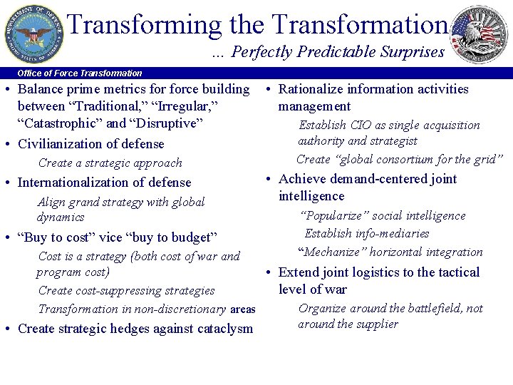 Transforming the Transformation … Perfectly Predictable Surprises Office of Force Transformation • Balance prime