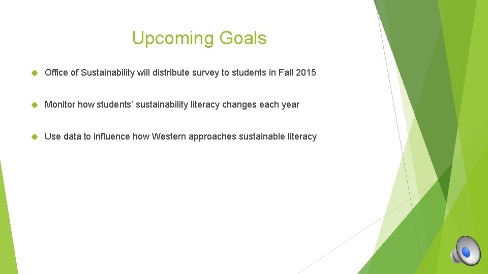 Upcoming Goals Office of Sustainability will distribute survey to students in Fall 2015 Monitor