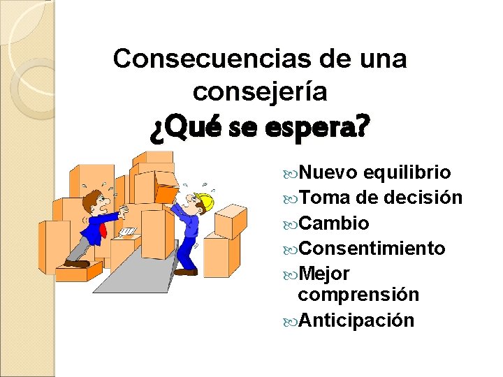 Consecuencias de una consejería ¿Qué se espera? Nuevo equilibrio Toma de decisión Cambio Consentimiento