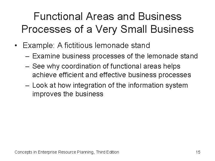 Functional Areas and Business Processes of a Very Small Business • Example: A fictitious