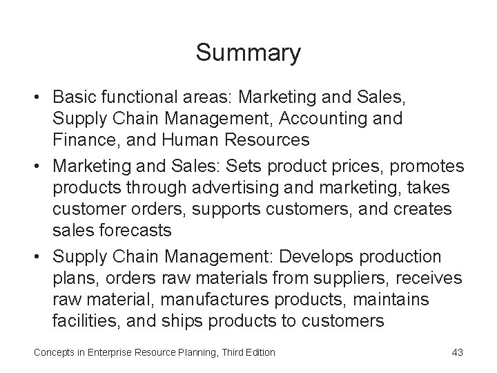 Summary • Basic functional areas: Marketing and Sales, Supply Chain Management, Accounting and Finance,