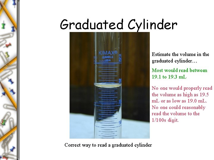 Graduated Cylinder Estimate the volume in the graduated cylinder… Most would read between 19.