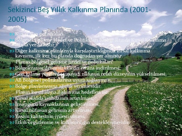 Sekizinci Beş Yıllık Kalkınma Planında (20012005) Kırsal alan politikaları, Bölgesel Gelişme Hedef ve Politikaları