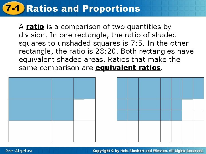 7 -1 Ratios and Proportions A ratio is a comparison of two quantities by