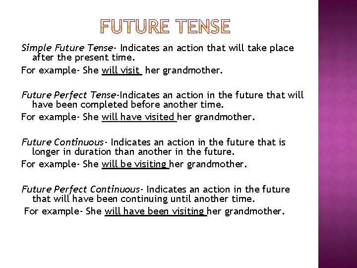 Simple Future Tense- Indicates an action that will take place after the present time.